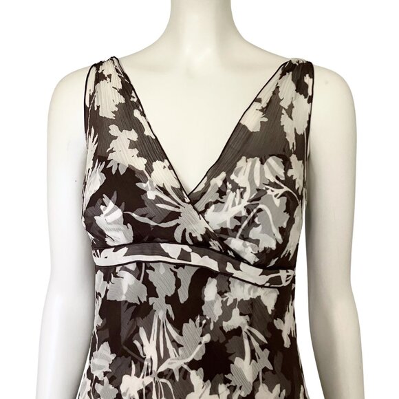 Vintage Y2K 100% Silk Ann Taylor Brown White Floral Midi Dress S/M Size 8 V Neck - Picture 11 of 14